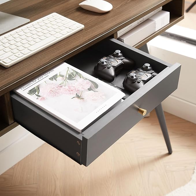 Mid-Century Modern Desk with USB Ports &amp Power Outlet – Ergonomic Home Office Workstation Study Writing Desk with Storage Drawers Multifunctional Computer Desk (Walnut)