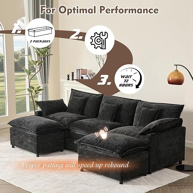 108 U Shaped Couch Modular Sectional Sofa 3-Seater Comfy Cloud Couch Set of Modular Pieces with Movable Ottoman Deep Seat Couches for Living Room Chenille Black