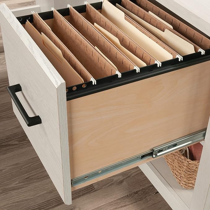 Sauder Summit Station L-Shaped Corner Home Office Desk with Drawer and Open Storage Shelf in Glacier Oak