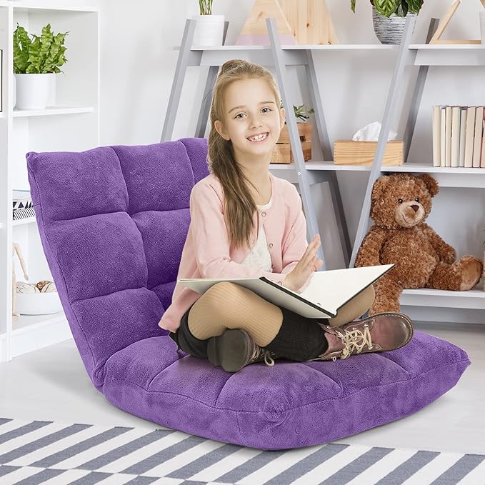 Giantex Floor Chair with Back Support 14 Adjustable Position Padded Sleeper Bed Couch Recliner Folding Gaming Floor Chairs for Adults Living Room Bedroom Yoga Meditation Purple