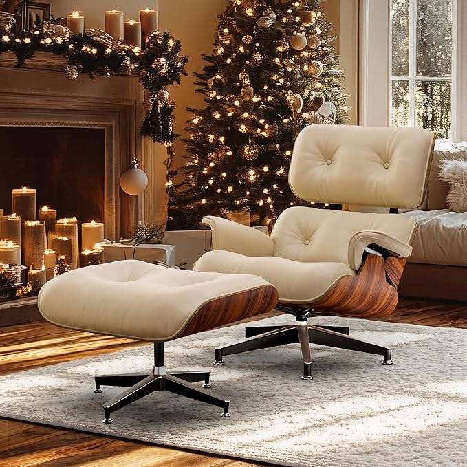 Top White Grain Leather Mid Century Chaise Lounge Chair and Ottoman Modern Chair Classic Design Palisander Wood Heavy Duty Base Support for Living Room Office