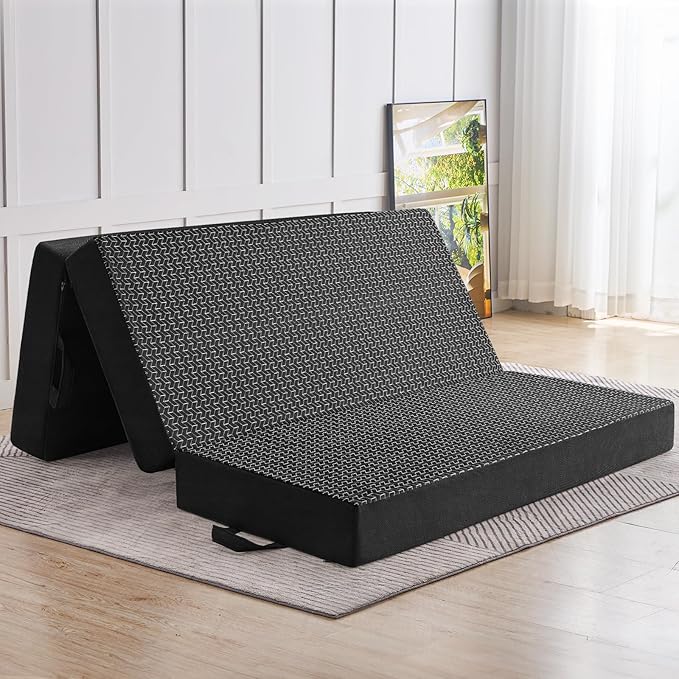 CYMULA Folding Mattress Queen Size Memory Foam 6 inch Tri Portable Trifold Mattress Futon Topper Queen with Breathable &amp Washable Cover Murphy Bed Guest BedBlack (58x75x6)