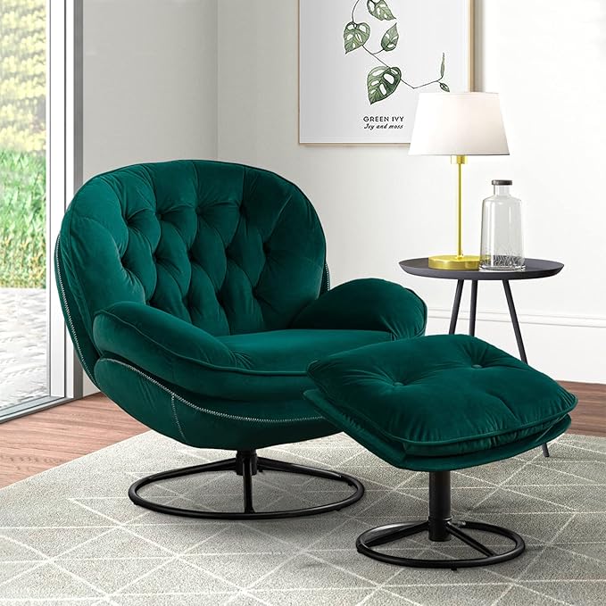 Velvet Swivel Accent Chair with Ottoman Tufted Upholsterd Comfy Lounge Chair with Metal Base &amp Footrest Modern Single Sofa Reading Side Chair with 360 Rotation for Living Room (Green)