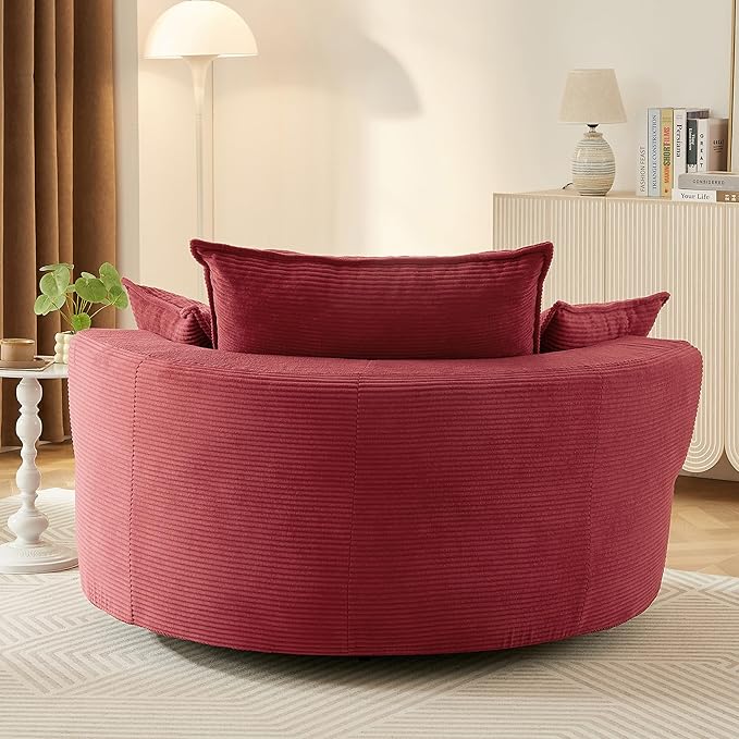 360° Swivel Sofa Chair with Dual-Layer Cushion Design 57.5 Swivel Round Accent Barrel Chair with 3 Removable Pillows for Living Room Office and Hotel (Red//261)