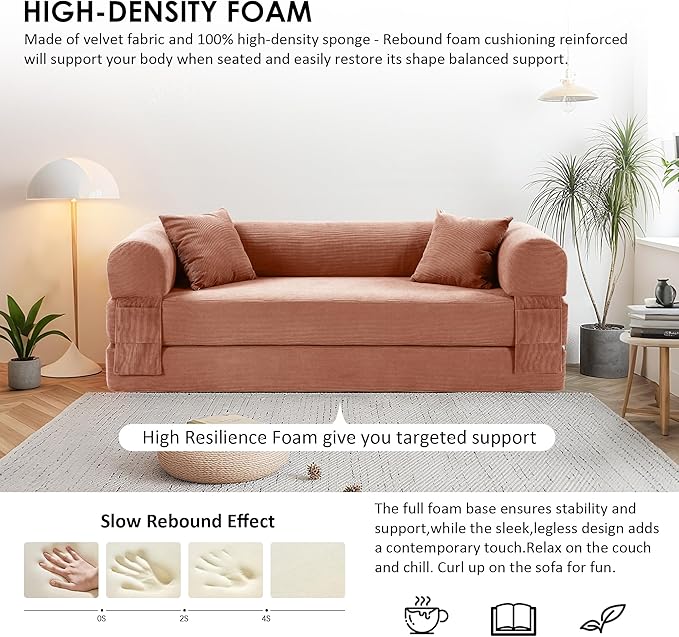 80 Convertible Sofa Bed Corduroy Deep Seat Folding Pull Out Couch with Pillows No Assembly Modern Boneless Couch Compression Sofa in Box Floor Sofa with Storage Pocket for Living RoomPink