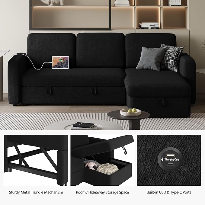 Yaheetech Sectional Sofa L-Shaped Sofa Couch Bed w/Chaise &amp USB Reversible Couch Sleeper w/Pull Out Bed &amp Storage Space Living Room Black