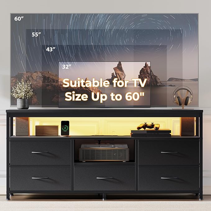 TV Stand for 60 Inch TV Entertainment Center with LED Lights &amp Power Outlets 5 Drawers Dresser for Bedroom with Open Storage Shelves Console Table for Living Room Bedroom Hallway