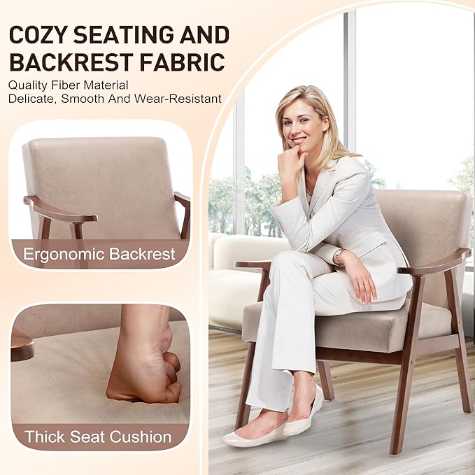 Accent Chair Living Room Chairs with Extra-Thick Backrest Lounge Accent Chair with Solid Wood Frame Comfy Tech Cloth Vanity Chair Armchair for Bedroom Reading Room Office Light Camel