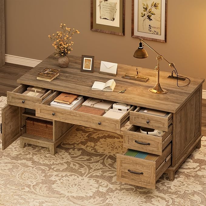 GAOMON 60in Wooden Executive Desk with 5 Drawers Office Desk Computer Table with Charging Station Farmhouse Home Office Desk with File Cabinet Storage for Study and Home Office Rustic Gray