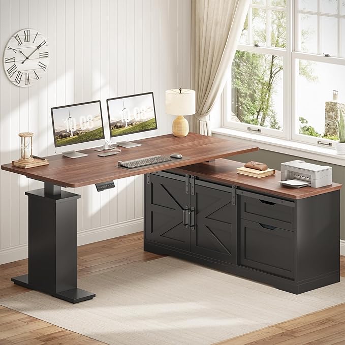 SEDETA Farmhouse L Shaped Standing Desk 55 inch Height Adjustable Corner Desk with Storage Drawers Standing Computer Desks with Power Outlets for Home Office Black