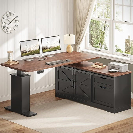 SEDETA Farmhouse L Shaped Standing Desk 55 inch Height Adjustable Corner Desk with Storage Drawers Standing Computer Desks with Power Outlets for Home Office Black
