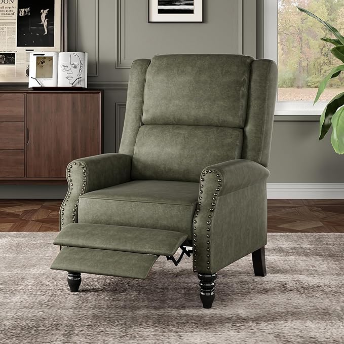 Leather Recliner Chair Pushback Recliner Chair with Adjustable Backrest Footrest Mid-Century Modern Living Room Reclining Chairs with Lumbar Support for Reading Bedroom (Dark Green)