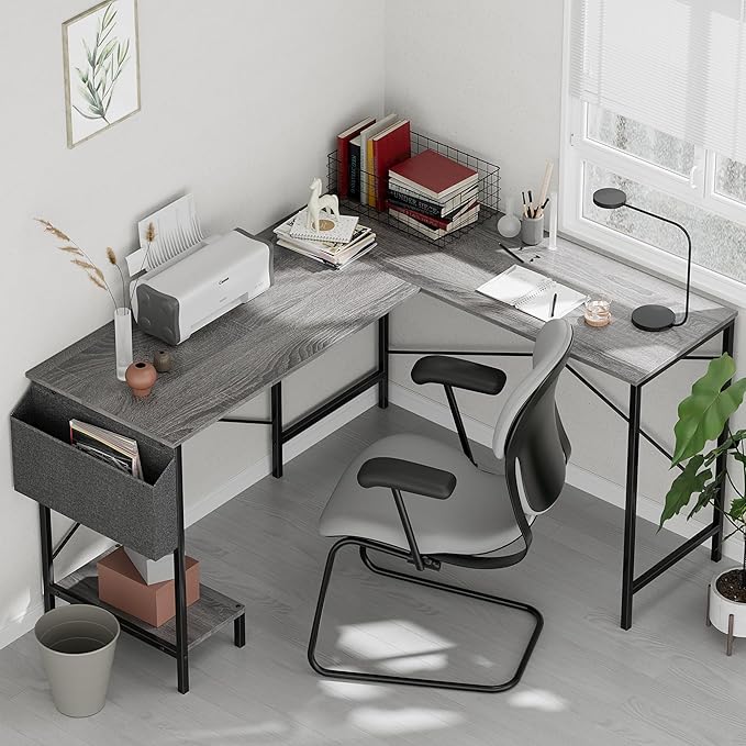 Simple Deluxe L Shaped Desk Gaming Computer 50 Inch Reversible Corner Table PC Work Table for Writing Study Student with Wood Tabletop Metal Frame CPU Stand Side Bag for Home Office Small Place