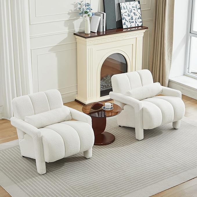 LOULENS Accent Chair Set of 2 Sherpa Cute Furry Fabric Teddy Chair with Thick Cushion and Pillow Single Sofa for Living Room Comfy Armchair for Bedroom Apartment Waiting Room Beige