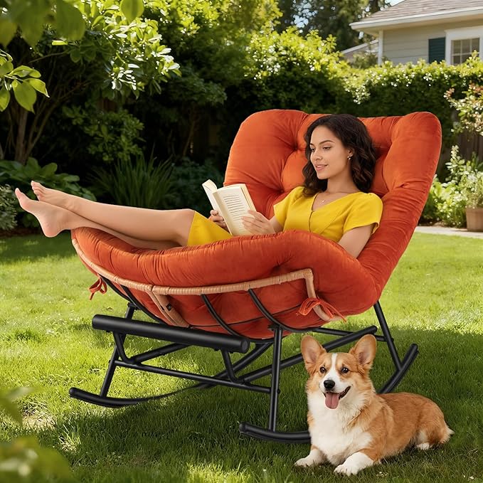 GarveeHome Indoor Papasan Rocking Chair Rattan Rocker with Extendable Footrest &amp Detachable Flannel Cushion 352lbs Sturdy Large Reading Lounge for Indoor Bedroom Living Room Orange