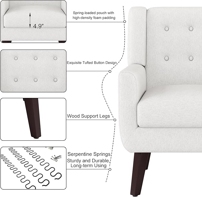 Linen Fabric Living Room Chairs Accent Chair Mid Century Modern Armchair for Living Room Bedroom Button Tufted Upholstered Comfy Reading SofasVanity Chair (1 Beige)