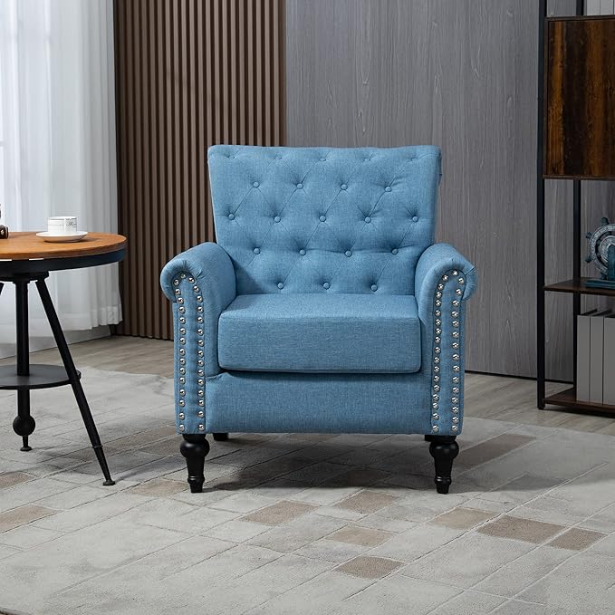 Mid Century Modern Accent Chair Linen Armchair wTufted BackWood Legs Upholstered Lounge Arm Chair Single Sofa for Living Room BedroomLight Blue