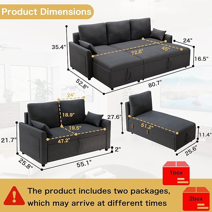 L Shape Sofa Bed: 81 Sectional Sleeper Sofa with Pull Out Bed Grey Pull Out Sleeper Couch with Chaise Lounge and Linen Reversible Chaise Sectionals for Living Room (Gray 80.7 L shape sofa bed)