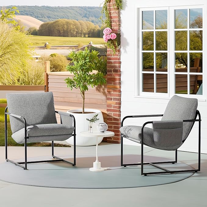 VANSPACE Modern Sling Accent Chair Comfy Living Room Chair with Side Storage Pocket Upholstered Armchair with Soft Cushion Bedroom Chair Metal Frame &amp Linen Fabric Cover