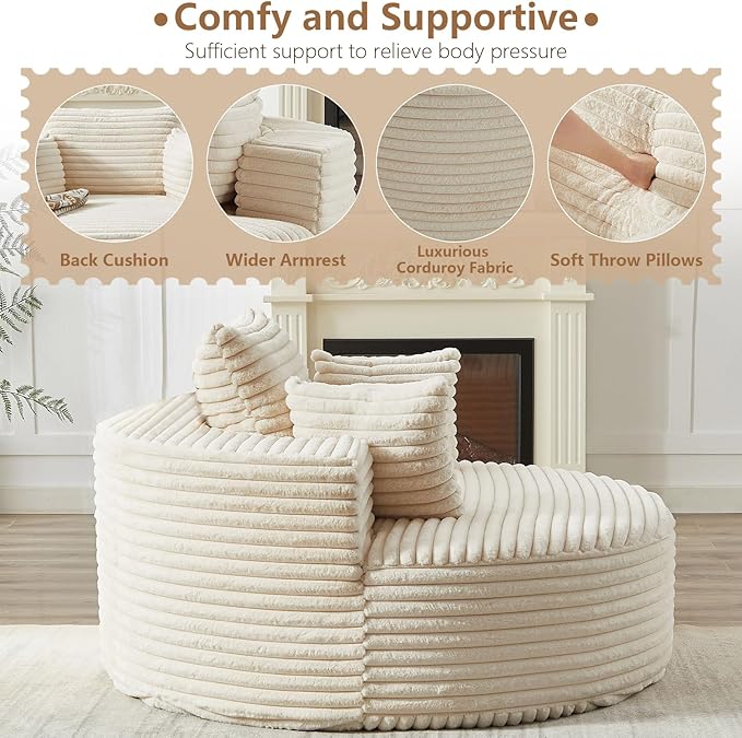 Oversized Round Chaise Lounge Chair Indoor 55'' Corduroy Deep Seat Circle Single Floor Sofa Chairs Modern Upholstered Sponge Armchair Cloud Sleeper Chair for Living Room Bedroom Apartment Beige