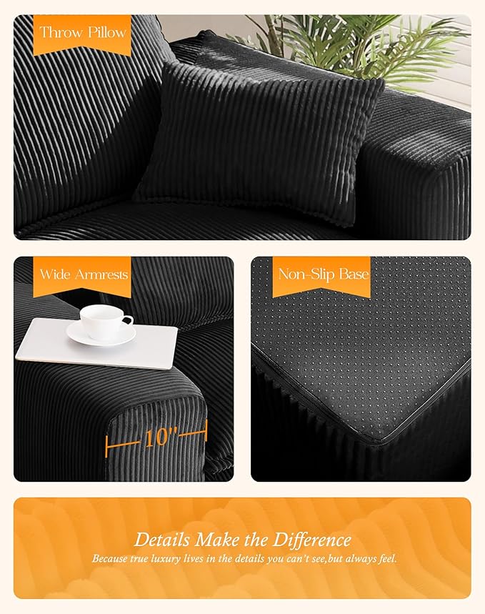 107 Comfy Cloud Couch with L-Shape Chaise &amp Deep Seat Modular Sectional Sofa in a Box Boneless Upholstered Couches for Living Room No Assembly Required (Soft Corduroy Black)