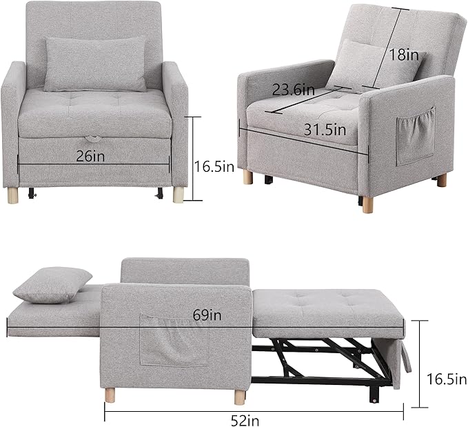 Sleeper Sofa Chair Bed 3-in-1 Single Convertible ChairMulti-Functional Sleeper Chair with Soft Fabric for Living Room Dorm Apartment Bedroom or Office (Grey)