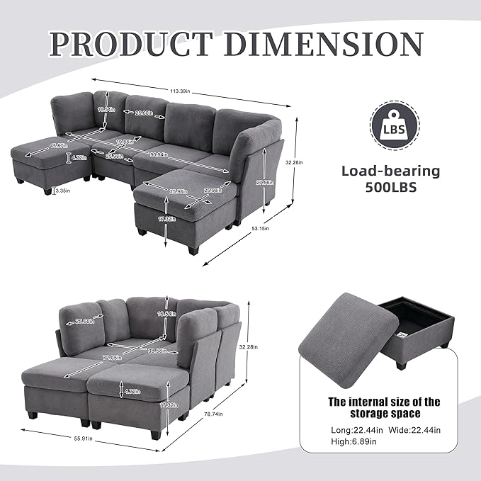 U Shaped Modular Sectional Sofa Couch with Storage Ottoman 6 Seat Convertible Upholstered Deep Seat Sofa with Chaise Lounge Comfy Cloud Couch for Living Room Gray