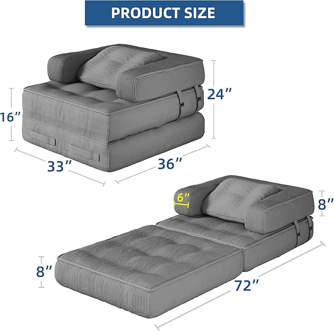Folding Sofa Bed - Adults Convertible Sleeper Chair for Living Room Bedroom Grey