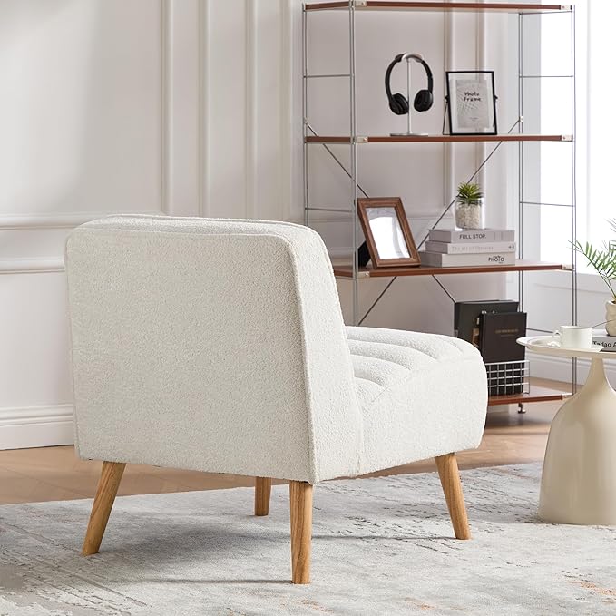 GDFStudio 24.4 Wide Modern Accent Chair Armless Upholstered Lounge Chair with Chenille Fabric &amp Rubber Wood Legs Compact Space-Saving Design for Living Room Bedroom Office - Ivory