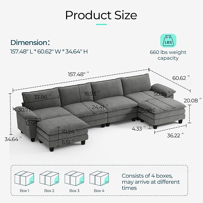 LINSY HOME 157'' Modular Sectional Sofa Grey Couch Corduroy Cloud Couches for Living Room U Shaped Couch with Movable Ottoman Modern Cloud Sectional Sofas for Bedroom and Apartment Grey