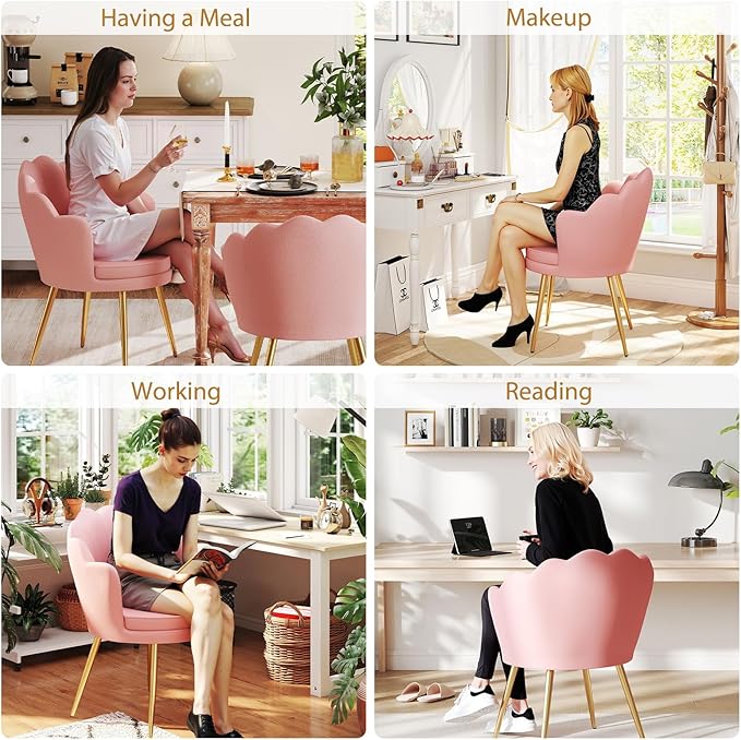 Furniliving Velvet Vanity Chair Shell Accent Chair for Living Room Upholstered Accent Chair with Gold Metal Legs Makeup Chair for Vanity Armchair Guest Chairs Side Chair for Bedroom (Pink 2)