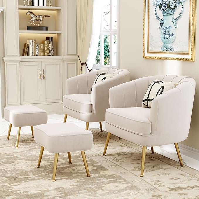 Andeworld Velvet Accent Chair with Ottoman Upholstered Modern Single Sofa Side ChairComfy Barrel Club Living Room Armchair with Golden Metal Legs for Bedroom Living Reading Room Office Beige