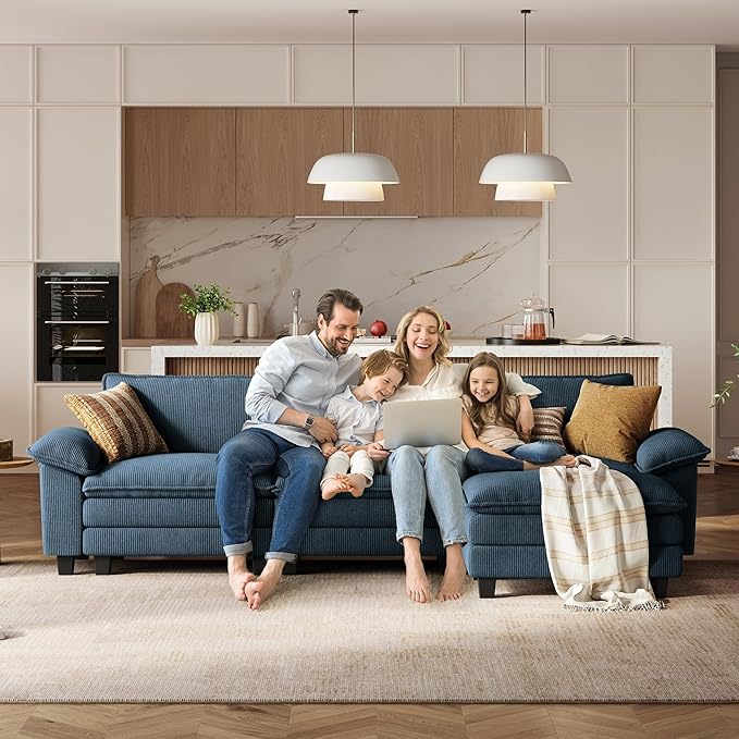 LINSY HOME 123'' Modular Sectional Sofa Blue Couch Corduroy Cloud Couches for Living Room L Shaped Couch with Movable Ottoman Modern Cloud Sectional Sofas for Bedroom and Apartment Blue
