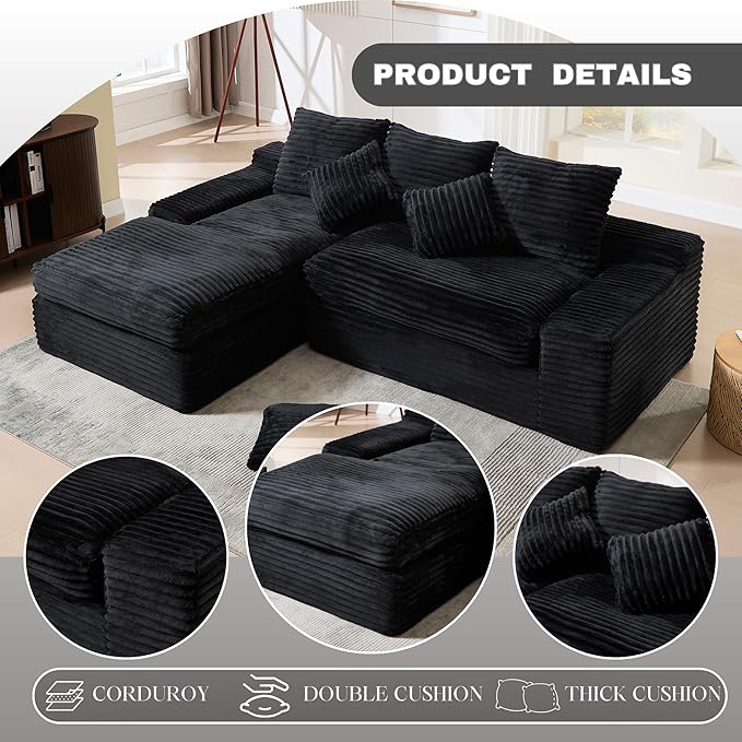 99 Cloud Modular Sectional CouchL-Shape Sofa Couch with Deep SeatModern Boneless Compressed Sofa with Chaise3 Seater Corduroy Couches for Living Room Bedroom No Assembly Required (Black)