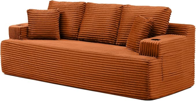 Eafurn Floor Loveseat Boneless Sofa Couch in a Box with Cup Holder and Side Pockets 3 Seater Comfy Corduroy Upholstered Foam Couch with Deep Seating for Living RoomNo Assembly | Breathable material