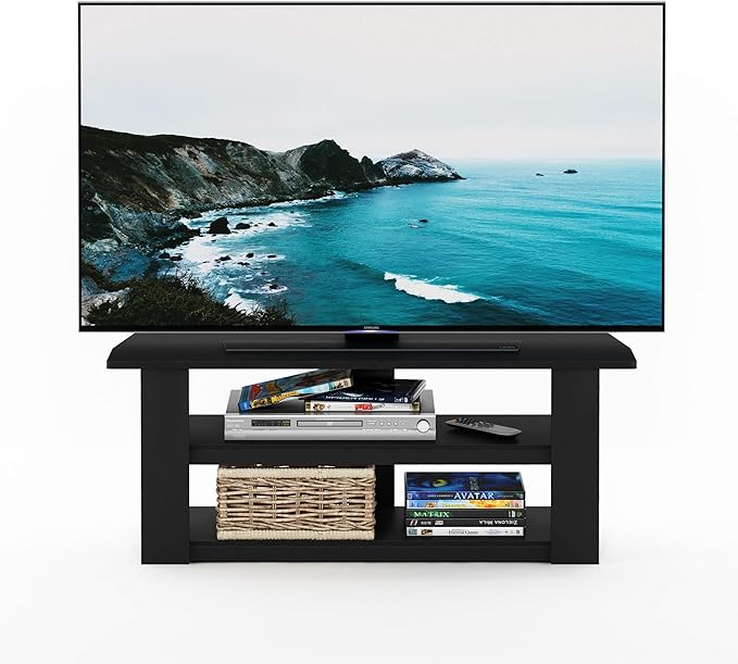 Furinno PARSONS TV Stand 3-Tier Entertainment Center with Storage Shelf Open Frame TV Console for TV up to 50 Inch for Living Room Bedroom Black