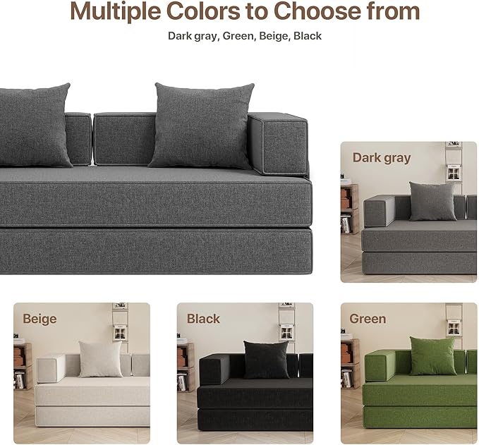 4-in-1 Convertible Sofa Bed 82“ Compression Sofa with Chenille Fabric Pull Out Sleeper Sofa with 2 Pillows &amp 4 Side Pockets for Living Room Bedroom Apartment No Assembly Required Dark Grey