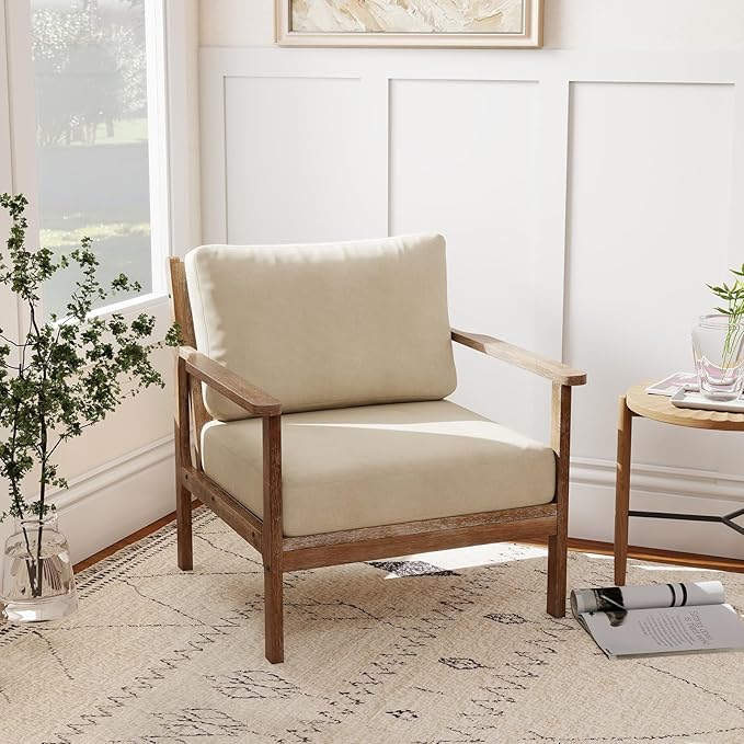 GOFLAME Mid-Century Modern Accent Chair Upholstered Armchair with Solid Wood Frame Linen Fabric Comfy Reading Chair Farmhouse Leisure Chair for Living Room Bedroom Sunroom Hosting Room