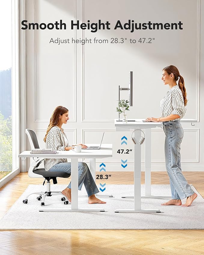 HUANUO L-Shaped Standing Desk 63 x 40 inch Dual Motor Corner Standing Desk Electric Height Adjustable Computer Desk with Cable Tray &amp 3 Preset Heights Raising Desk for Home Office White HNESD