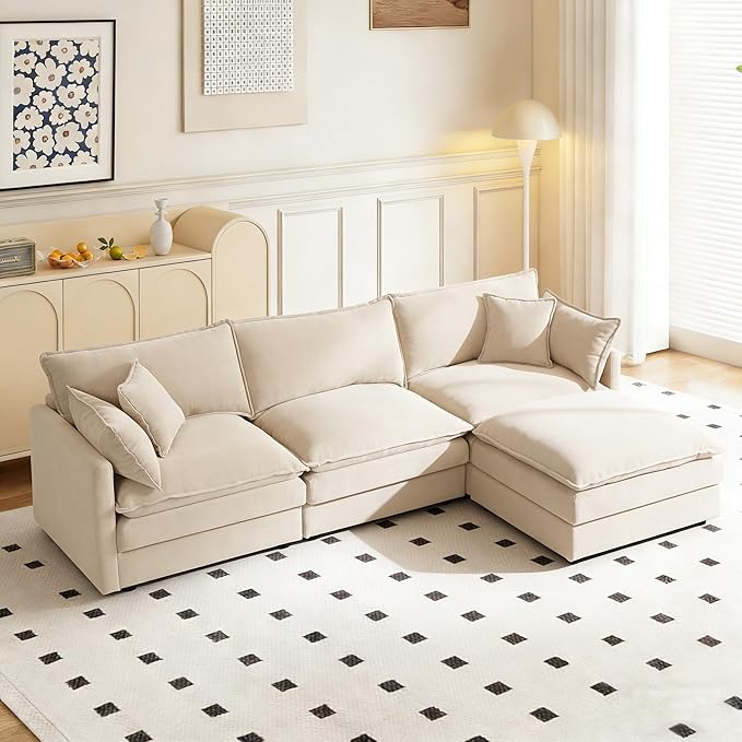 102 Cloud Sectional Couch Modular L Shaped Sofa with Movable Ottoman Comfy Chenille Deep Seat Sofa with Throw Pillows 3-Seater Cloud Couches for Living Room Apartment