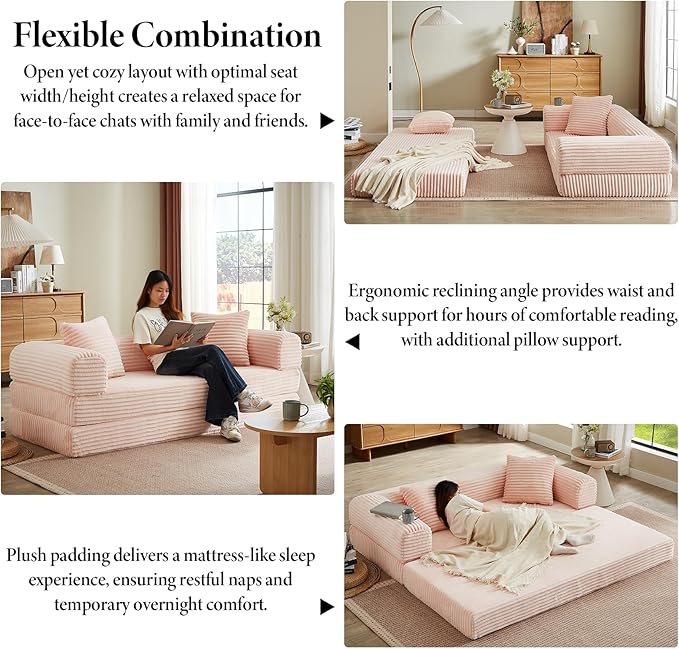 Folding Convertible Sleeper Sofa Bed Corduroy Upholstered Boneless Couch with Pillows Modular Floor Sofa Compression Couch for Living Room No Assembly Required (Pink)