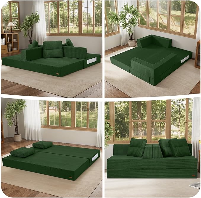 COMAX Futon Sofa Bed Queen 79 Convertible Sofa Bed Couches for Living Room 4 in 1 Folding Boneless Sleeper Corduroy Couch Loveseat Foam In a Box Comfy Foldable Lounge Fold Out Floor Mattress Green