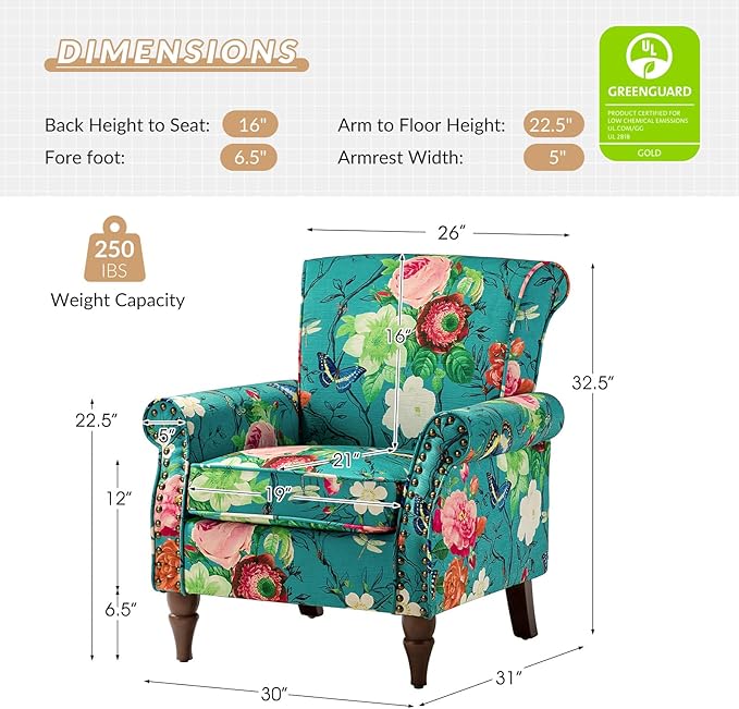 HULALA HOME Modern Wingback Accent Chairs Set of 2 with Wood Legs &amp Removable Cushion Comfy Upholstered Armchairs with Nailhead Trim Floral Pattern Single Sofa Chairs for Living Room Bedroom Bl
