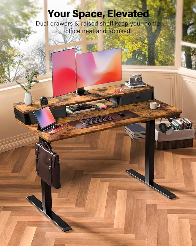 FiCiHi 55x24 Inch Standing Desk with Drawers C-Clamp Mount Compatible Electric Adjustable Height Computer Stand Up Desks Home Office Sit Stand Table with 3 Preset Heights Rustic Brown