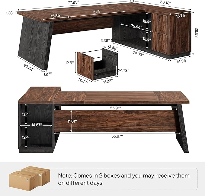 Tribesigns 78 L Shaped Executive Desk Large Office Desk with Drawers and Storage Shelves Modern Corner Computer Table Business Furniture for Home Office (Walnut &amp Brown)