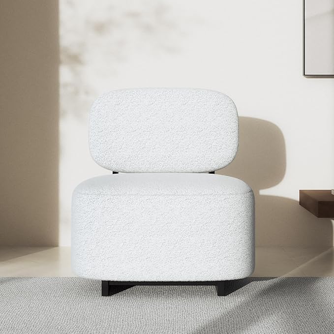 BELLEZE Modern Sherpa Accent Chair with Rubber Wood Base Upholstered Bouclé Soft Chair Low-Profile Single Sofa Chair with Flat Backrest Cozy Living Room or Bedroom Chair White