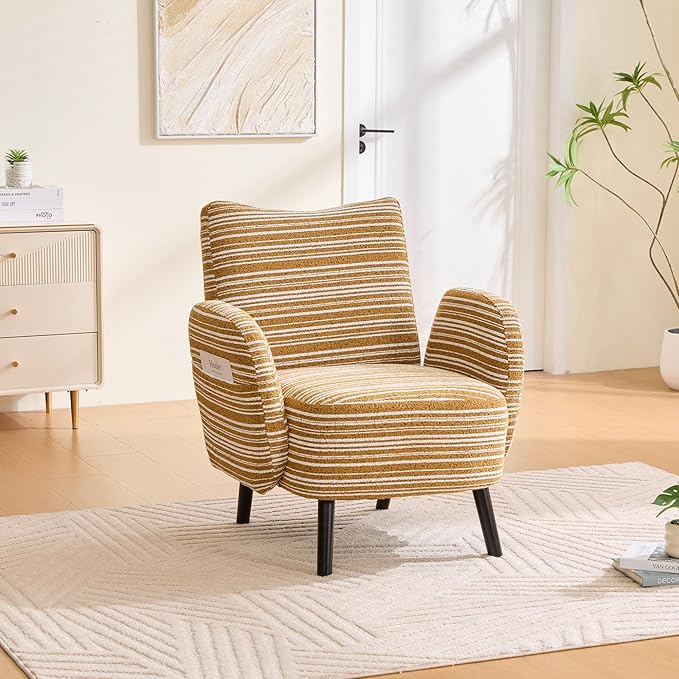 Modern Upholstered Armchair with Side Storage Pocket Fabric Reading Chair with Solid Wood Legs Ergonomic Accent Chair for Living Room Bedroom &amp Office (Yellow)