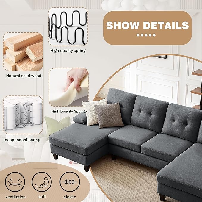 111 Sectional Couch for Living Room Modern Polyester Fibre U Shaped Sofa Couches with Double Chaise Upholstered 4 Seater Sofa for Living Room Apartment Office Dark Grey