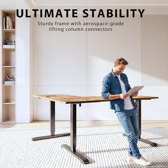 Shahoo L-Shaped Electric Standing Desk 63 x 48 Inches Height Adjustable Coner Table Home Office Computer Workstation Rustic Brown 63 x 48 Inch