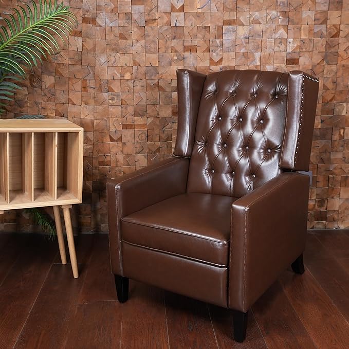 CONSDAN Recliner Chair Leather Recliner Sofa with Soft High-Resilience Cushion Living Room Chair with Button Tufting and Nailhead Trim Brown